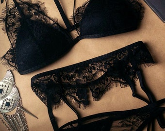 lingerie underwear womens handmade set bust + panties + belt for stockings lace black