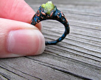 Raw green opal ring, electroformed ring, oxidized copper jewelry, quirky jewelry, copper statement ring, raw crystal ring
