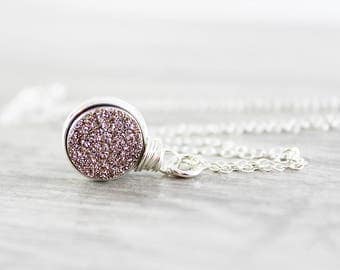 Rose Gold Druzy Necklace, Druzy Gemstone Necklace, Circle Pendant Necklace, Sterling Silver Necklace, Wire Wrap, Drusy Pendant Necklace