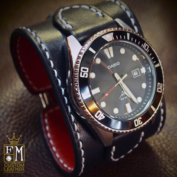 Leather cuff watch Casio diver watch 2" wide Black leather- Red calf lined Custom made for YOU in NYC by Freddie Matara