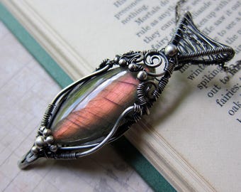 A Shard of Light - Magical Aqua Blue and Amber Labradorite Pendant