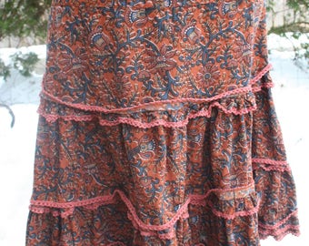 SALE was 32.00 / Brown and blue skirt / ruffled skirt / layered hippie skirt / XL hippie skirt / XL maxi skirt / India print cotton short
