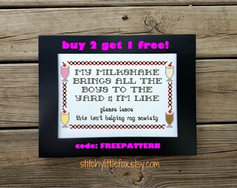 Milkshake cross stitch pattern, funny cross stitch, introverts quote, anxiety, subversive pattern, funny hand embroidery, cross sttich chart