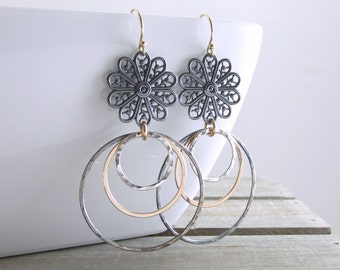 Mixed Metal Earrings Black Gold Dangle Earrings Floral Earrings Bohemian Jewelry Oxidized Silver and Gold Earrings Holiday Gift For Her
