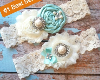 AQUA wedding garter set / bridal garter/ lace garter / toss garter included / wedding garter / vintage inspired