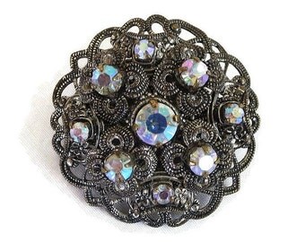 Aurora Borealis Rhinestone Brooch Vintage Filigree