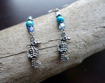 Seahorse Bead Earrings | Blue and Silver Dangles | Fish