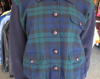 Vtg 80s Ralph Lauren Black Watch Plaid Wool Cardigan Jacket size M