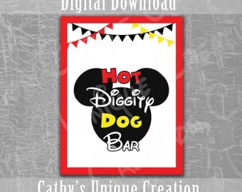 Hot Diggity Dog Bar, Mickey Mouse Clubhouse, Disney, Birthday Party, Ears, Red, Yellow, Black, Theme, Printable, Download, DIY, Sign, Letter