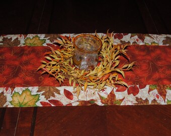 42" Autumn Leaves Motif Thanksgiving Table Runner in earth tone colors of burnt sienna, cream and brown