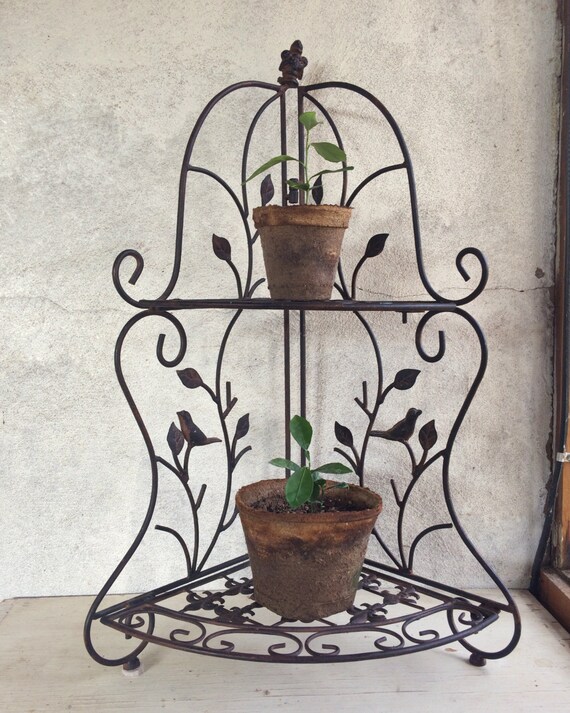 Rustic vintage metal shelf tabletop corner shelf tiered