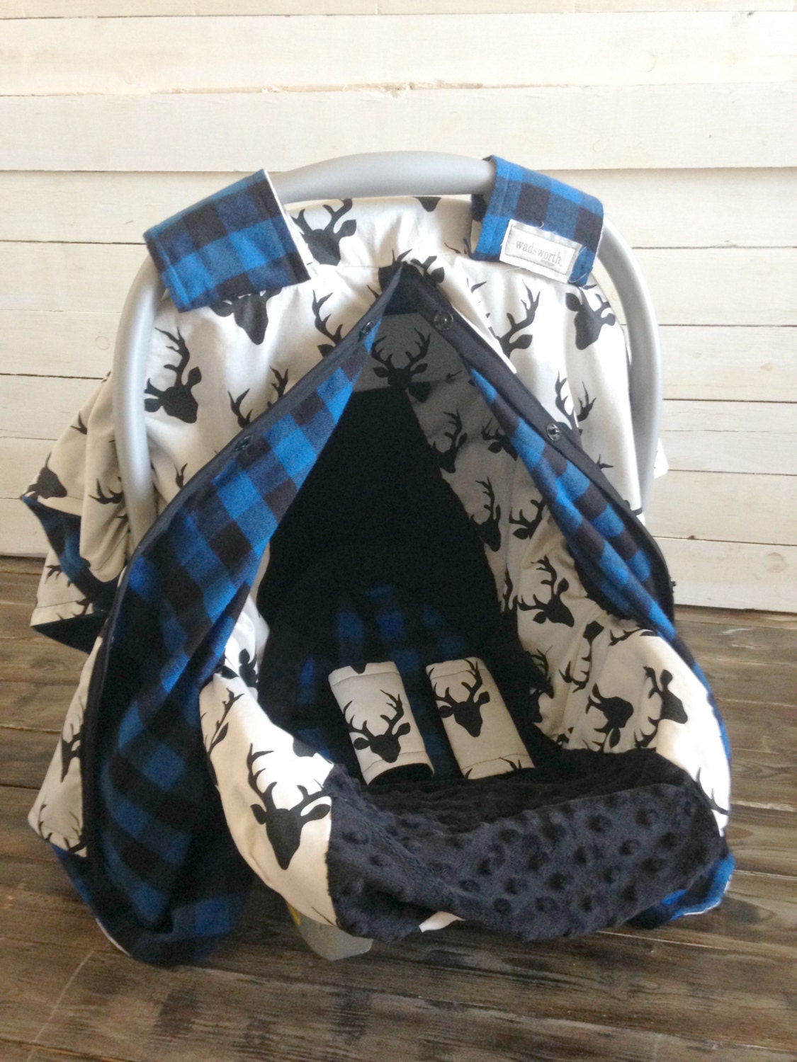 Boy Car Seat Cover/ Car Seat Canopy Custom Deer & Blue Plaid 5