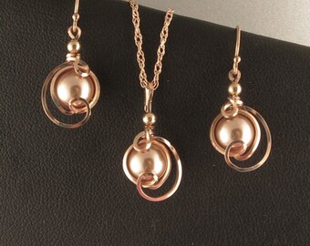 Pink Rose Gold Pearl Necklace Jewelry Set, Rose Pearl Pink Gold Unique Wire Wrapped Jewelry Gift For Her, Swarovski Pink Rose Gold Pearl Set