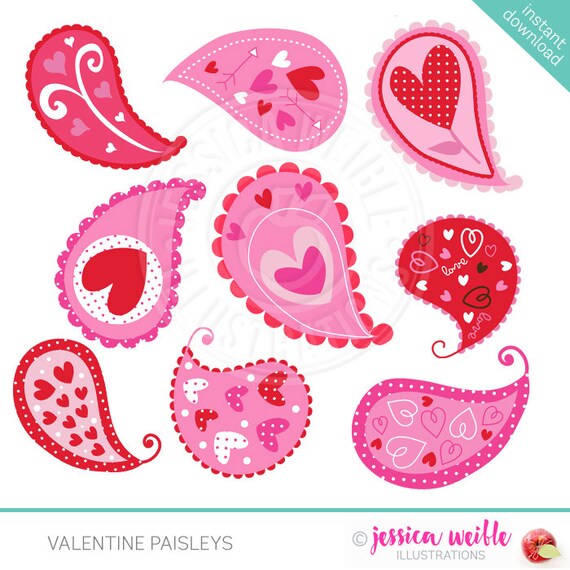 Valentine Paisleys Cute Digital Clipart - Commercial Use OK - Red Pink Paisley Valentine Clipart, Valentine Graphics, Valentine Design Il_570xn