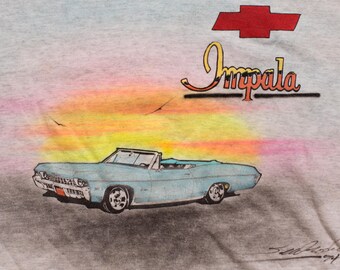 1960s Chevy Impala Covertible Airbrushed T-Shirt, 1994 Custom Airbrush Painted Artwork, Vintage 90s, Classic Chevrolet Car Sunset Painting