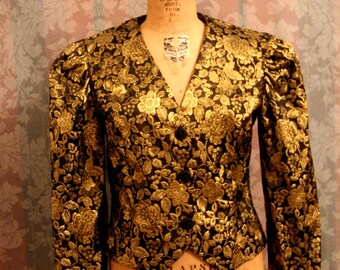 Sz S Gold and Black Vintage Formal Blouse