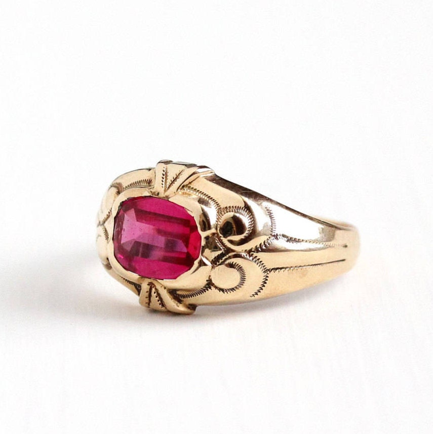 Sale Antique 10k Yellow Gold Men's Created Ruby Ring