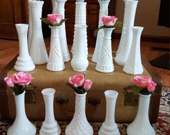 20 White Milk Glass Bud Vases - Wedding Decor - Table Centerpieces - Oak Hill Vintage - Lot 10