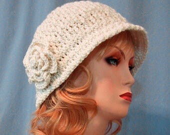 Ivory Cloche Hat with Flower - Hand Crocheted - Soft Acrylic Yarn - Handmade - Size Medium - Ready to Ship - Nice Gift - Great Chemo Hat