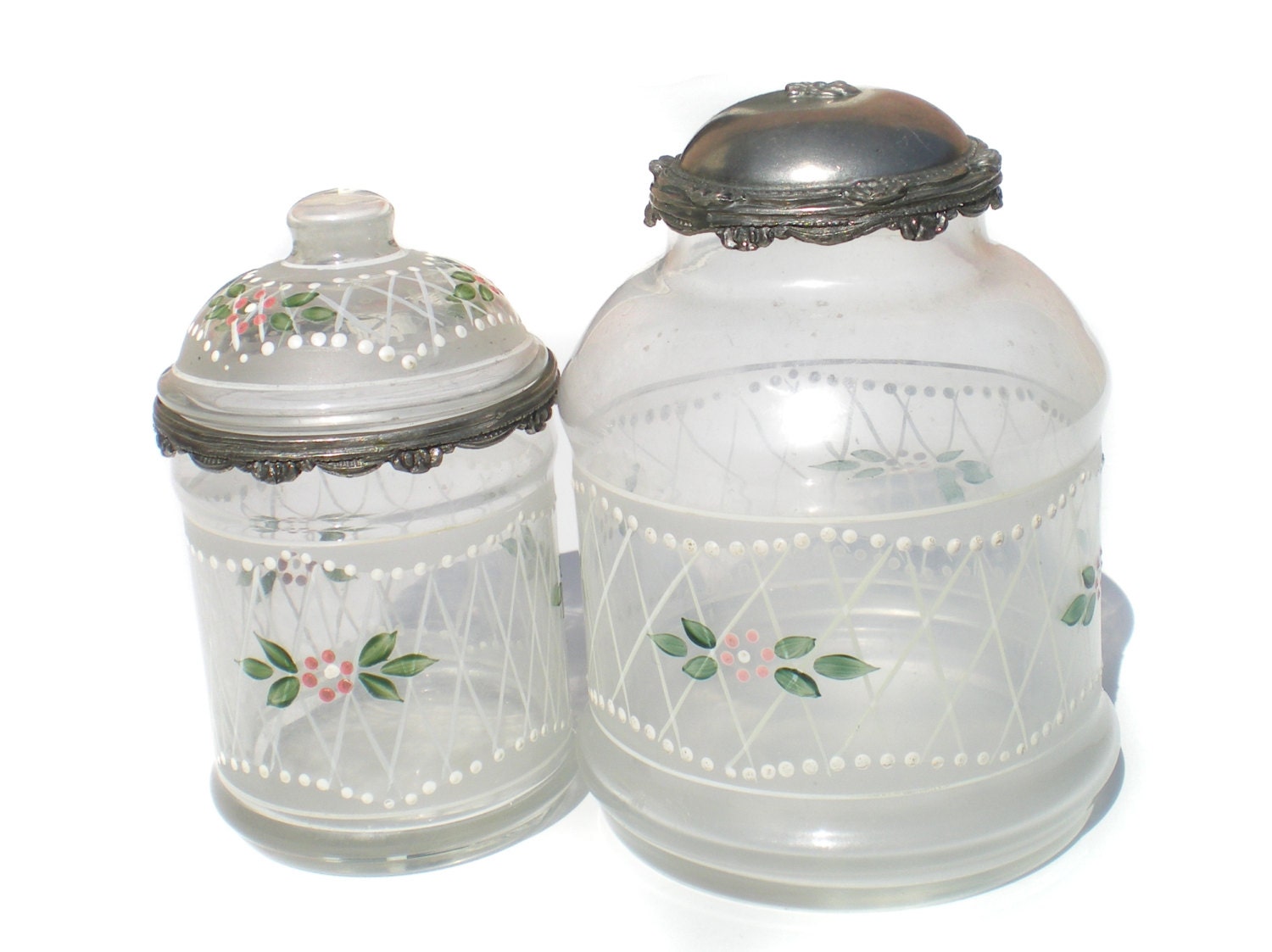 Pair of Antique Victorian Glass Vanity Jars Hand Painted Pink