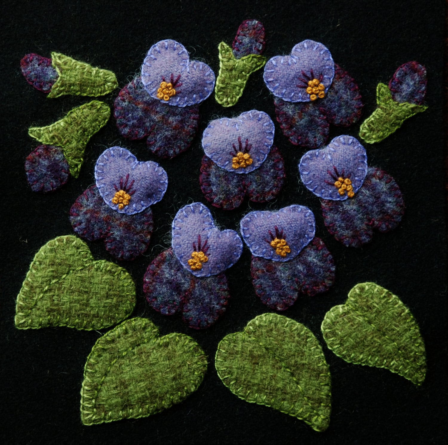 Wool applique BOM PATTERN &/or KIT Violets 6x6
