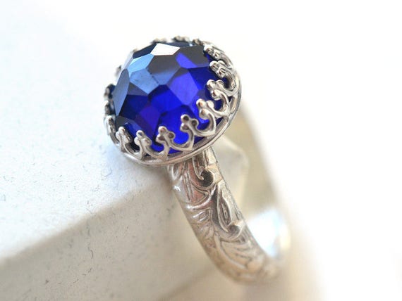 Blue Sapphire Engagement Ring with Custom Engraving Ornate