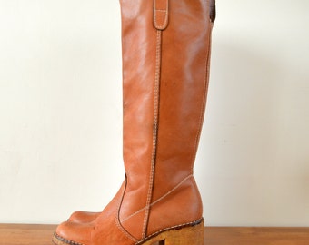 Leather Boots, Vintage Heels Boots, Brown Leather Boots, Womens Boots, 70s Narrow Foot, Spring Fashion Boots, Size 6.5 EU 37