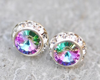 Purple Rainbow Earrings Diamond Earrings Swarovski Earrings Small Sugar Sparklers Swarovski Rhinestone Earrings Mashugana Wedding Jewelry