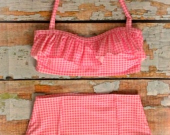 Vintage High Waist Gingham Swimsuit - "Cynthia" - Beautiful Ruffle Swimsuit - Custom Made To Order