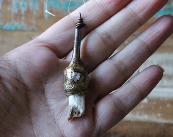 Witchy Tooth Pendant Necklace, bone amulet, Fantasy jewelry, primitve, rustic Statement piece, dark aged gold color, fairy wand charm, boho
