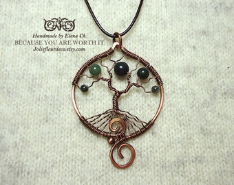 Tree-Of-life pendant, green agate pendant, Round pendant, Agate necklace, Tree of life necklace, copper wrap jewelry, wrapped necklace