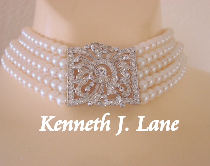 Kenneth J. Lane Faux Pearl Rhinestone Statement Runway Necklace Designer Signed KJL & NR / Vintage / Wedding / Bridal Jewelry / Jewellery