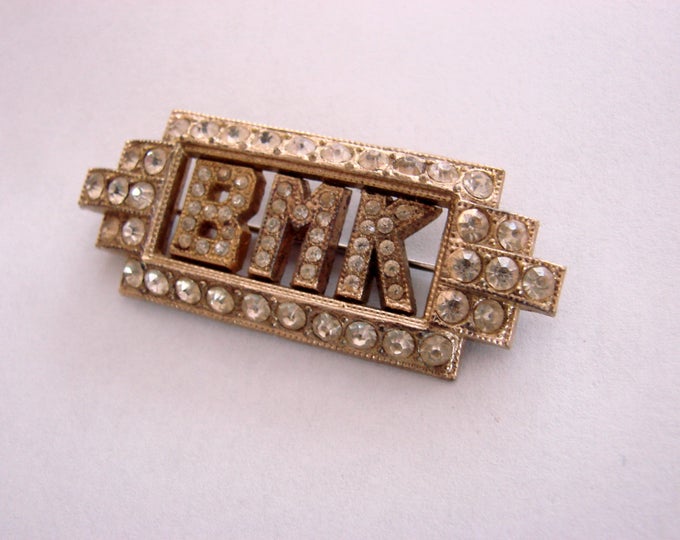 Art Deco Designer Signed GOODY Rhinestone Monogram BMK Brooch / Jewelry / Jewellery