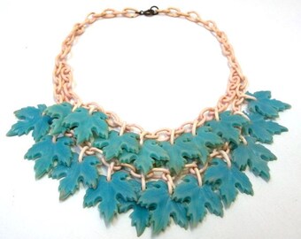 1940s Celluloid Blue Maple Leaf Necklace Plastic Charm Necklace Celluloid Bib Necklace Two Strand Celluloid Chain Unsigned Haskell? DD 1164