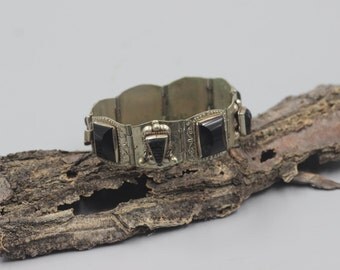 Sterling Silver Mexico Taxco Bracelet Carved Onyx Faces Linked Mexican Vintage