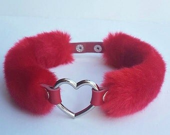 Red BDSM Collar, Statement Choker, Heart Chocker Collar Fur Sexy Collar Choker, Fuzzy Heart Choker, Submissive Collar, Red Fur Choker Collar