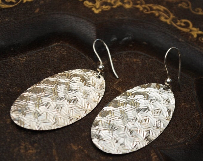 Sterling Dangle earrings - silver oval etched - signed JCM Italy drop earring