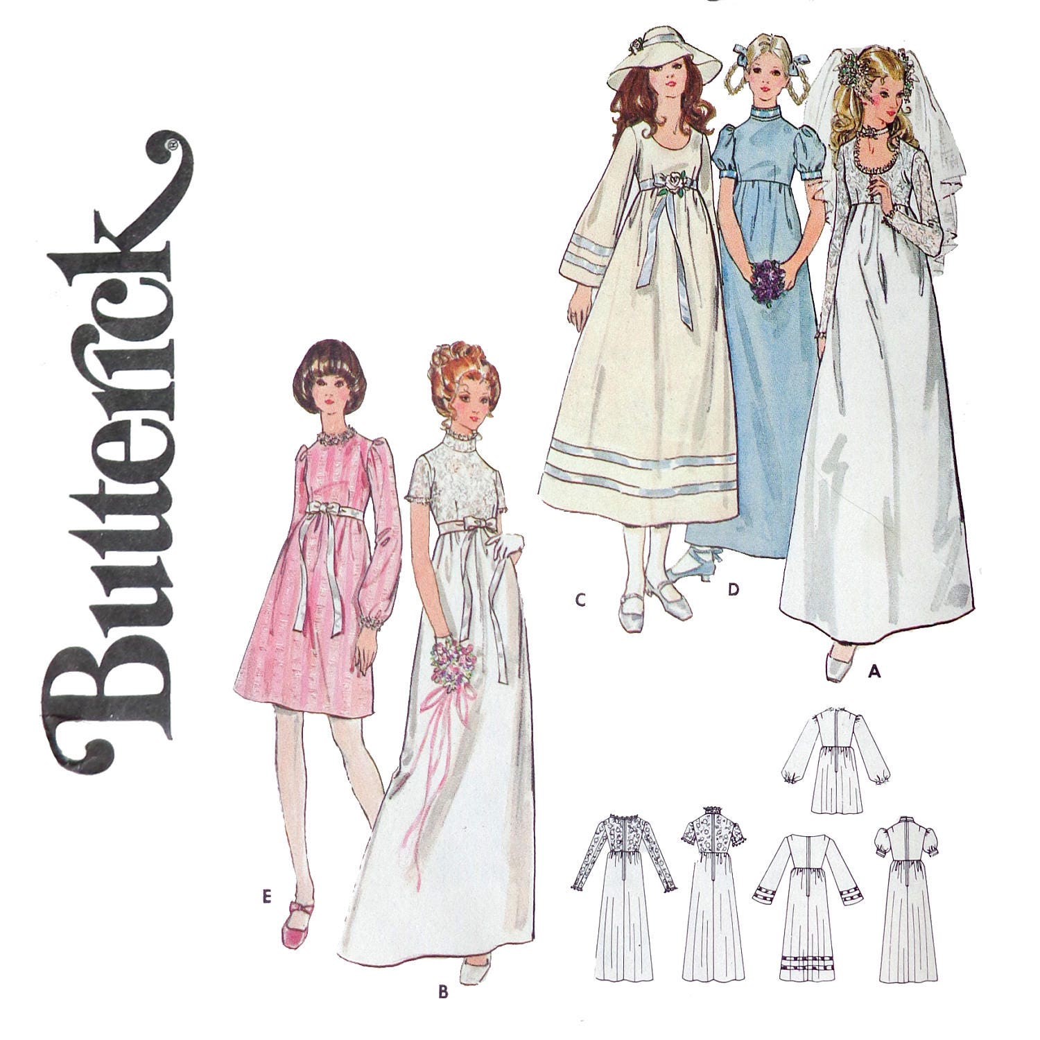 1970s Boho Empire Waist Wedding Dress Sewing Pattern Size 6