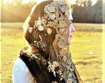 Black + Gold Infinity Veil | Catholic Veil Catholic Chapel Veil Mantilla Catholic Mantilla Church Veil Mass Veil Robin Nest Lane Black Veil