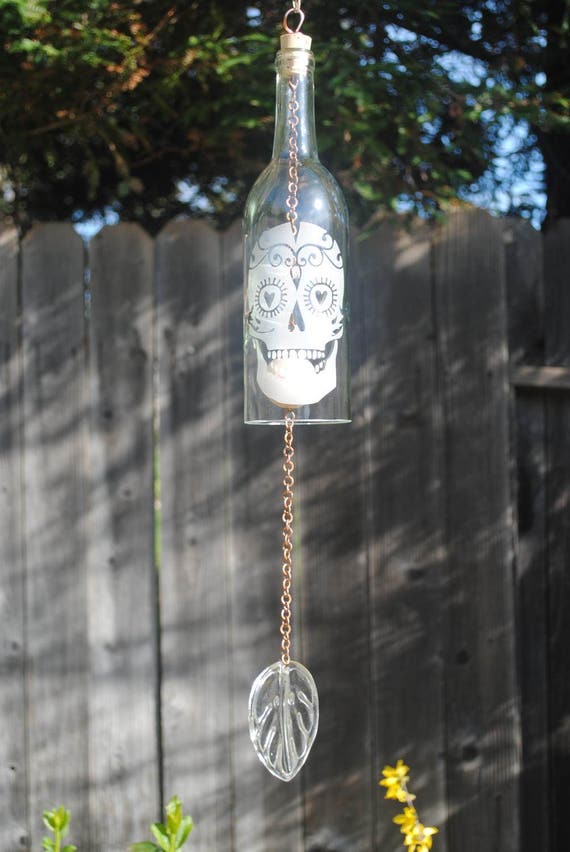 Heart Eyes Sugar Skull Wine Bottle Wind Chime Windcatcher Heart Eyes Sugar Skull Wine Bottle Wind Chime Windcatcher Upcycled Recycled Repurposed Glass Bottles Personalized