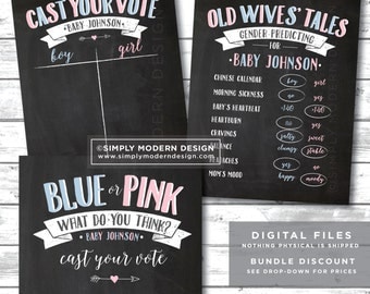 chalkboard gender reveal party signs, old wives tales sign, cast your vote sign, blue or pink, pink or blue, PRINTABLE, DIGITAL FILE