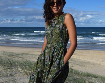 Vintage style- Sleeveless dress-- Full Circle Skirt- Aboriginal Artwork Print- Dancing Spirit green- side pockets- 100% Cotton