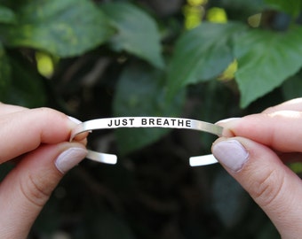 Just breathe. Breathe jewelry. Yoga Jewelry. Quote jewelry. Thin cuff bracelet. Just breathe bracelet. gift for her.