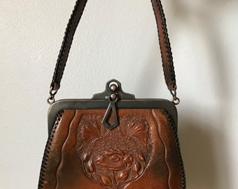 Antique 1900s leather purse | hand tooled leather bag