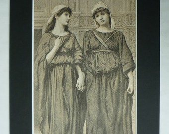 1880s Antique Henry Ryland Print of Beatrice and Hero, Much Ado About Nothing Wall Art, Shakespearean Portrait Victorian Shakespeare Picture