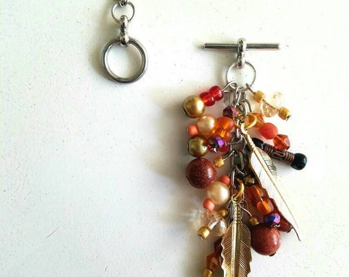 Interchangeable Brown Red Gold Yellow Orange Beaded Crystal Gold Feather Cluster Toggle Pendant