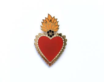 Mexican Sacred Heart Enamel Pin Lapel Pin Badge - Gold w/Red Heart, Orange Flames & Black Flower Hard Enamel