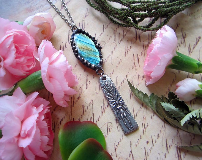 Necklace "Fairy Queen" with amazing faceted labradorite and rustic fairy pendant. Custom length steel chain.