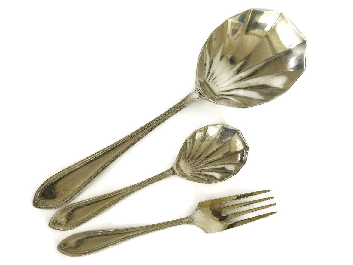 English Art Deco Silver Fork and Spoon Set. Boxed Set of Dessert Forks and Spoons.
