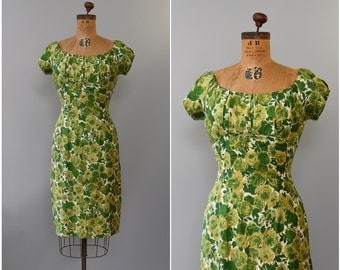 1960's green rose floral cotton wiggle dress • medium